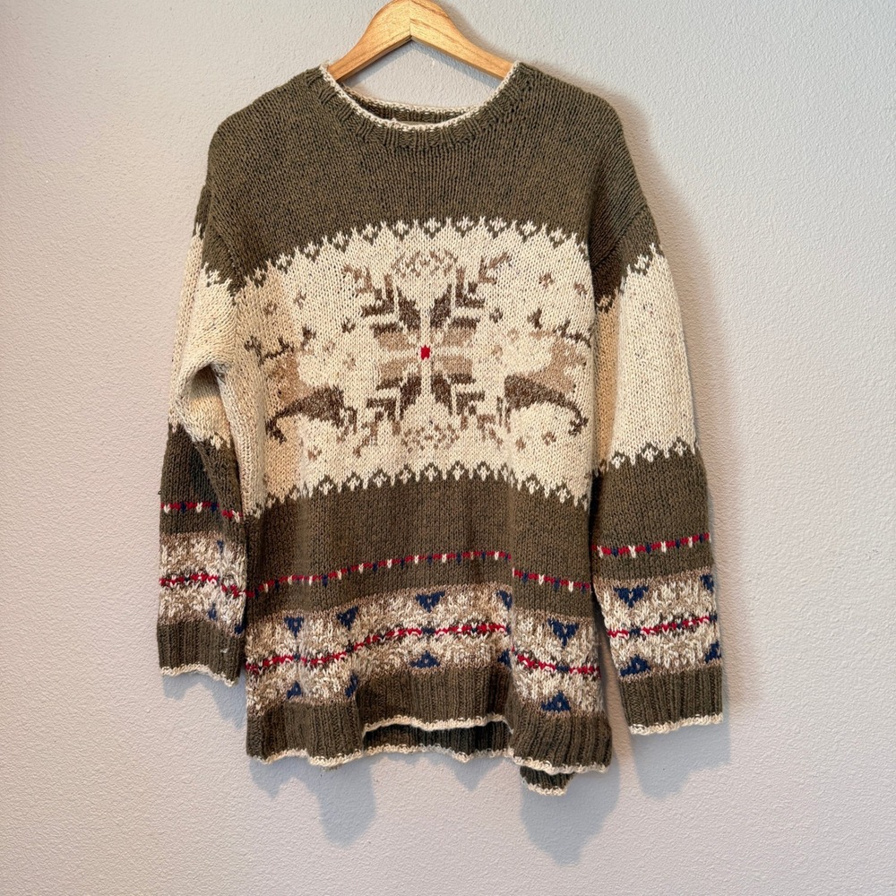Liz Claiborne Lizwear Hand Knitted Reindeer Snowflake Nordic Sweater Olive Large